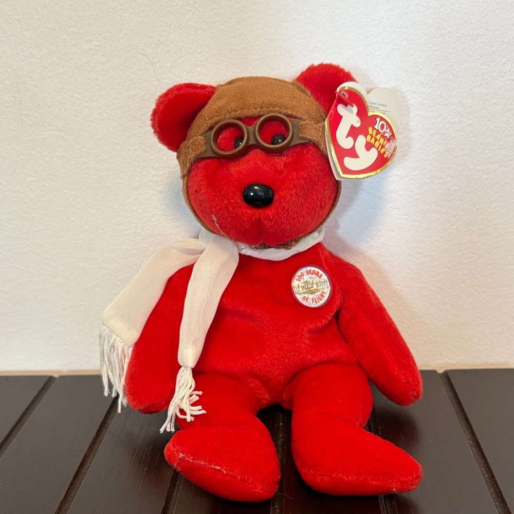 Ty Plush Red Bear with Brown Aviator Hat